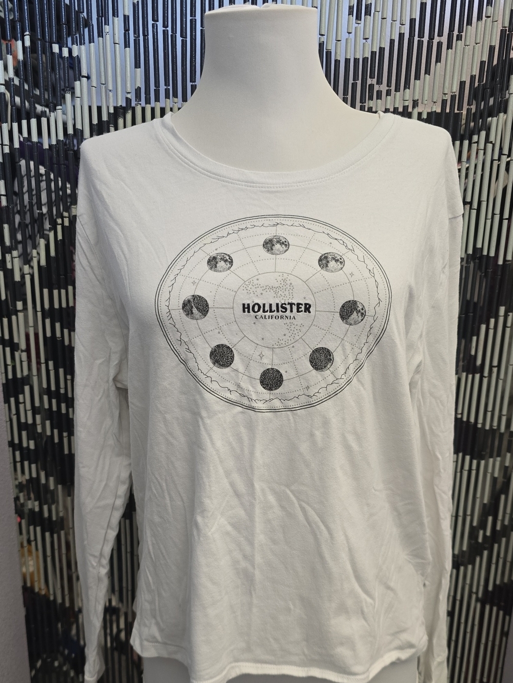 Hollister White Long Sleeve Tee with Black Moon Phase Graphic